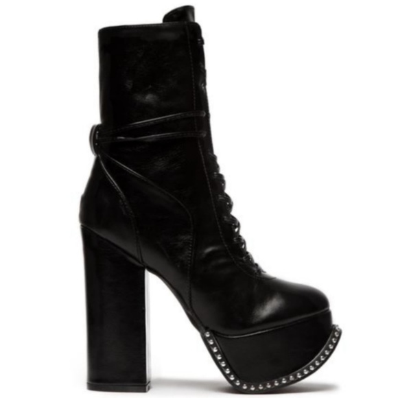🆕BLACK LEATHER CHUNKY HEEL BEADED PLATFORM LACE-UP IT GIRL CULT STOMPER BOOTS - Picture 4 of 16